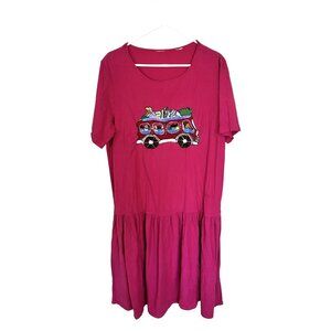 Vtg Womens Pink MuMu Dress Short Sleeve Midi Embroidered Bus Design Cotton Med